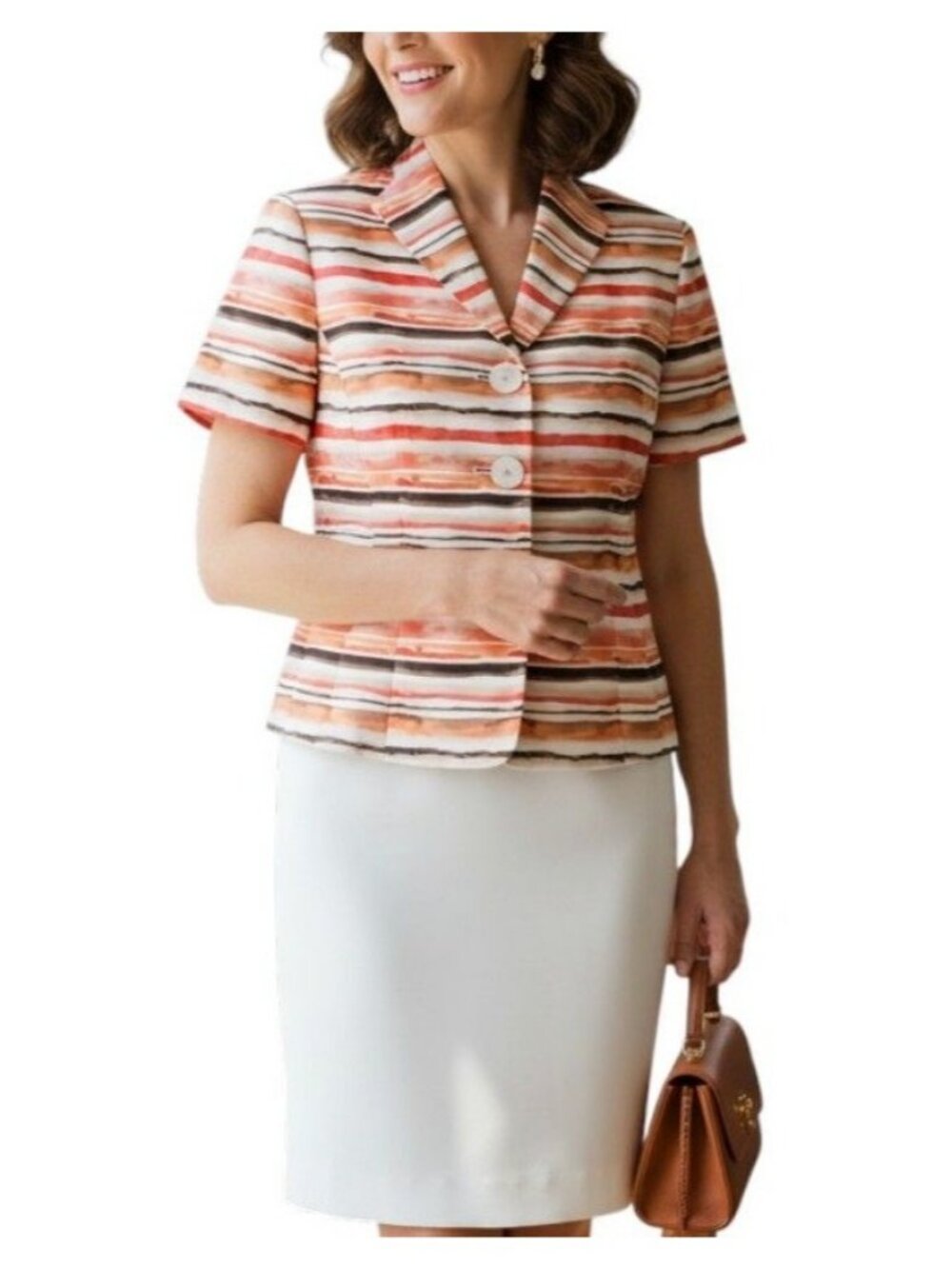 Kasper 2 Pc Skirt Suit Petite 2P Short Sleeve Blazer White Skirt Career Set